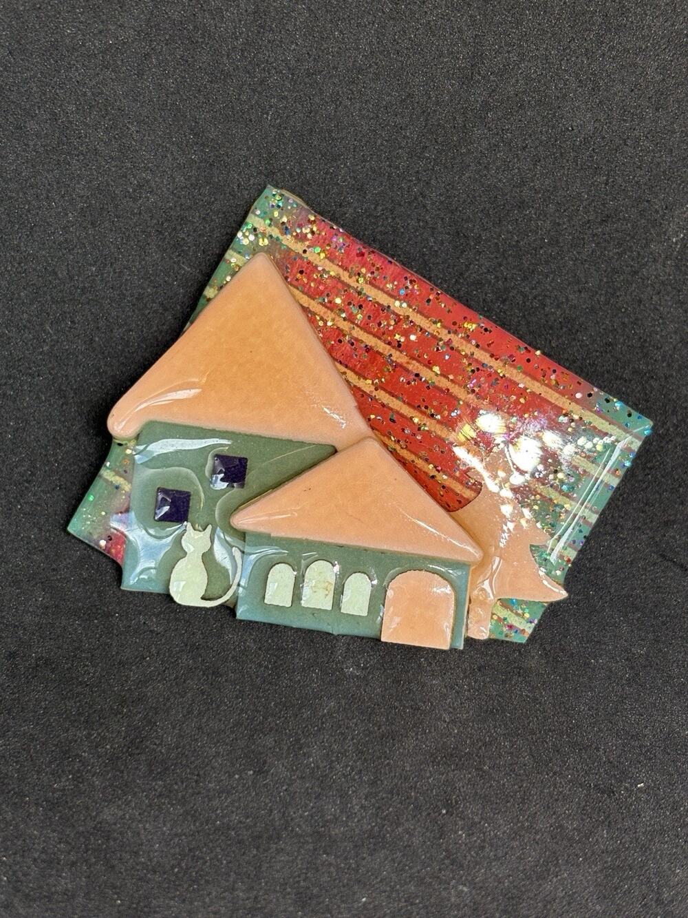 Vintage House Pins by Lucinda Signed Cat House Brooch Folk Art Portland ME
